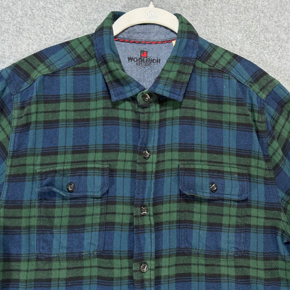 Woolrich Button Down Shirt Mens L Green Blue Plaid Flannel Outdoor Rugged